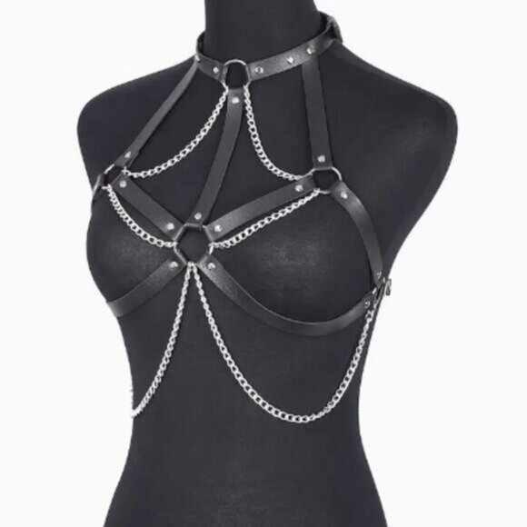 PU Leather Layered Chain Choker Harness - Picture 2 of 5